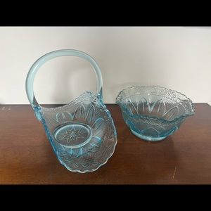Vintage FENTON ICE BLUE ruffle edge bowl and basket